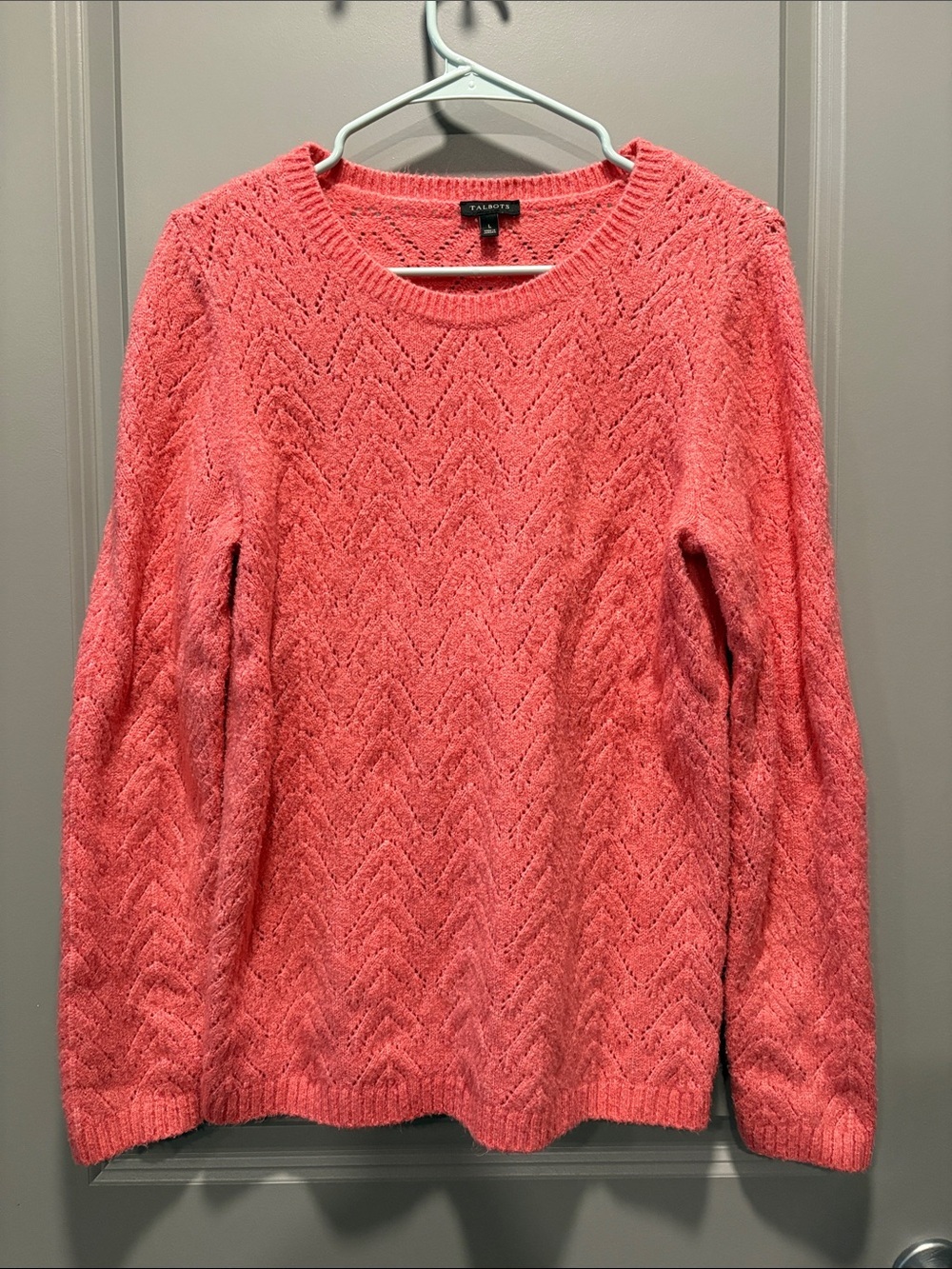 Talbots Coral Pink Chevron Pointelle Knit Crewneck Sweater Large